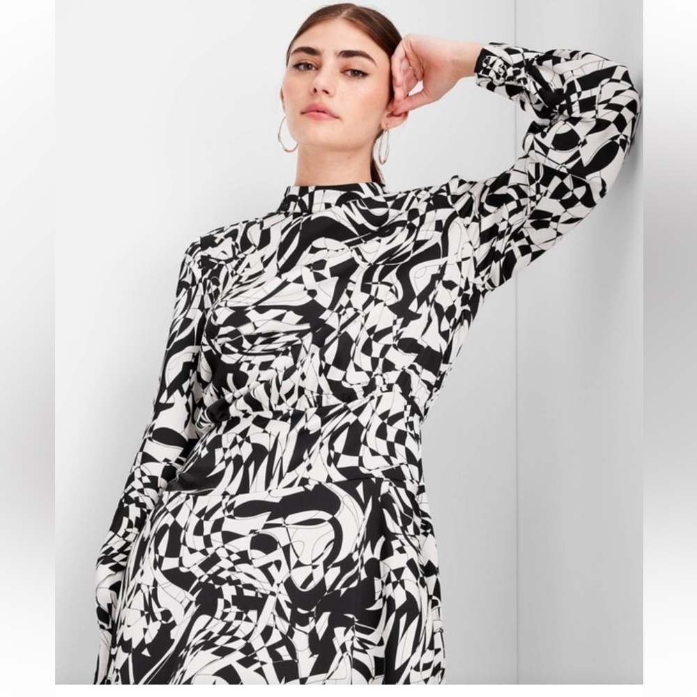 Women’s Black/White Satin, Patterned, Asymmetrical Mock Neck Dress — image 2 of 8